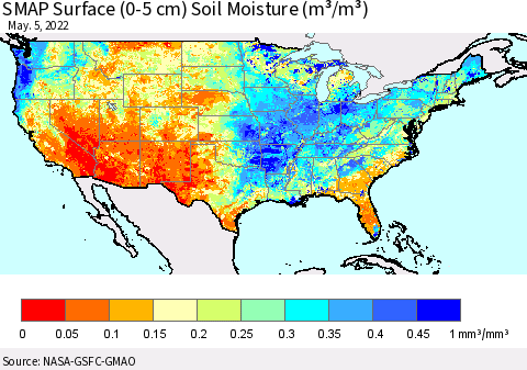 United States SMAP Surface (0-5 cm) Soil Moisture (m³/m³) Thematic Map For 5/1/2022 - 5/5/2022