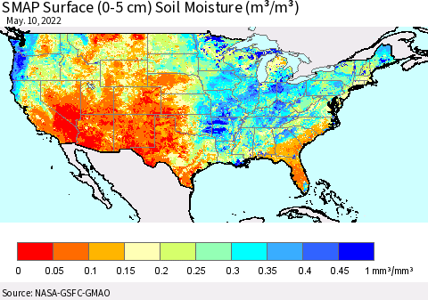 United States SMAP Surface (0-5 cm) Soil Moisture (m³/m³) Thematic Map For 5/6/2022 - 5/10/2022