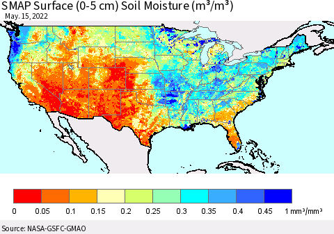 United States SMAP Surface (0-5 cm) Soil Moisture (m³/m³) Thematic Map For 5/11/2022 - 5/15/2022