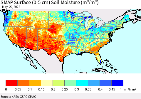United States SMAP Surface (0-5 cm) Soil Moisture (m³/m³) Thematic Map For 5/16/2022 - 5/20/2022