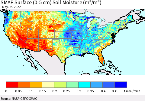 United States SMAP Surface (0-5 cm) Soil Moisture (m³/m³) Thematic Map For 5/21/2022 - 5/25/2022