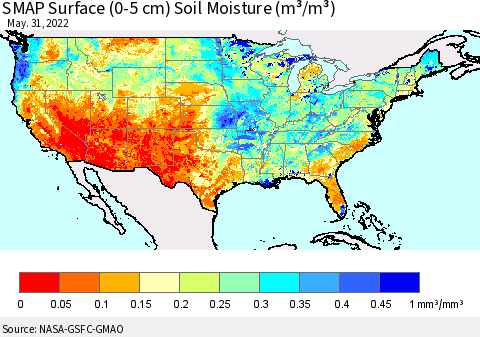 United States SMAP Surface (0-5 cm) Soil Moisture (m³/m³) Thematic Map For 5/26/2022 - 5/31/2022