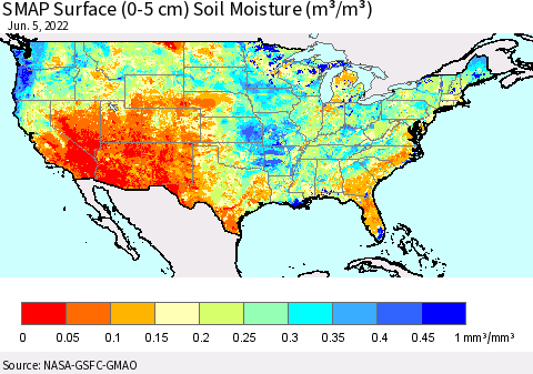 United States SMAP Surface (0-5 cm) Soil Moisture (m³/m³) Thematic Map For 6/1/2022 - 6/5/2022