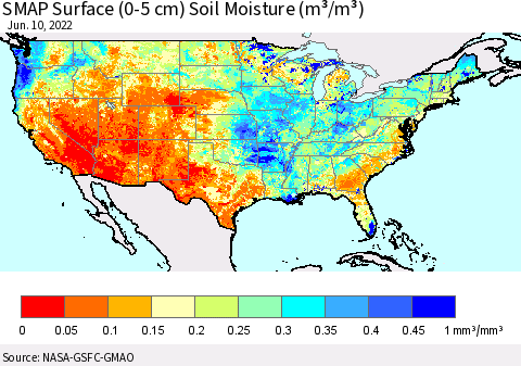 United States SMAP Surface (0-5 cm) Soil Moisture (m³/m³) Thematic Map For 6/6/2022 - 6/10/2022