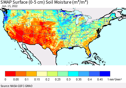 United States SMAP Surface (0-5 cm) Soil Moisture (m³/m³) Thematic Map For 6/11/2022 - 6/15/2022