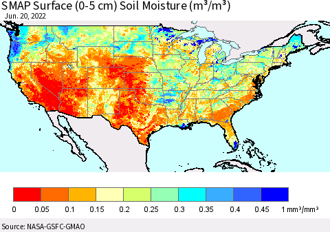 United States SMAP Surface (0-5 cm) Soil Moisture (m³/m³) Thematic Map For 6/16/2022 - 6/20/2022