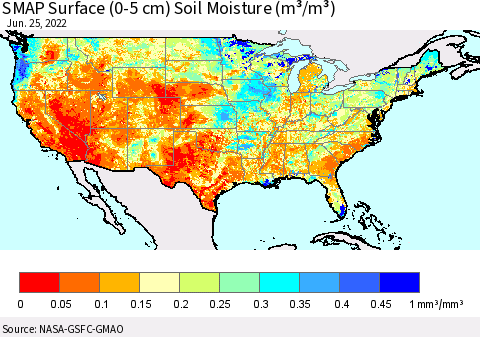 United States SMAP Surface (0-5 cm) Soil Moisture (m³/m³) Thematic Map For 6/21/2022 - 6/25/2022