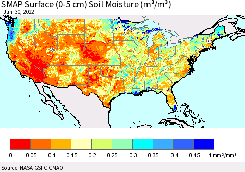United States SMAP Surface (0-5 cm) Soil Moisture (m³/m³) Thematic Map For 6/26/2022 - 6/30/2022