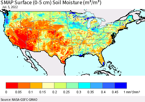 United States SMAP Surface (0-5 cm) Soil Moisture (m³/m³) Thematic Map For 7/1/2022 - 7/5/2022