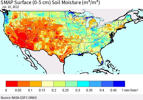 United States SMAP Surface (0-5 cm) Soil Moisture (m³/m³) Thematic Map For 7/6/2022 - 7/10/2022