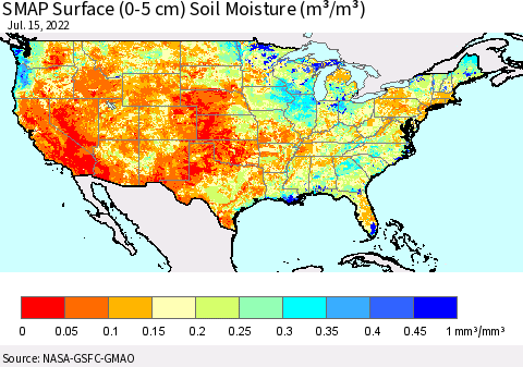 United States SMAP Surface (0-5 cm) Soil Moisture (m³/m³) Thematic Map For 7/11/2022 - 7/15/2022