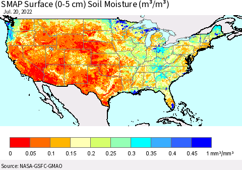United States SMAP Surface (0-5 cm) Soil Moisture (m³/m³) Thematic Map For 7/16/2022 - 7/20/2022
