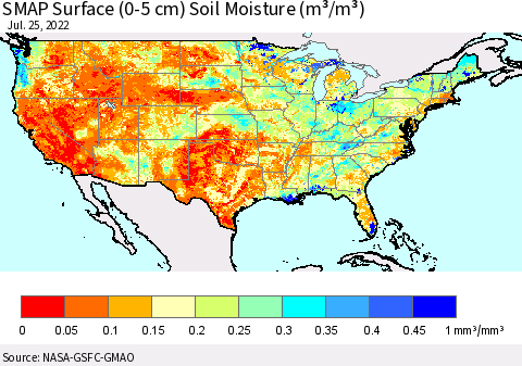 United States SMAP Surface (0-5 cm) Soil Moisture (m³/m³) Thematic Map For 7/21/2022 - 7/25/2022