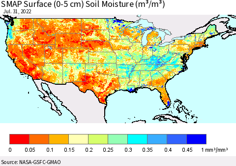 United States SMAP Surface (0-5 cm) Soil Moisture (m³/m³) Thematic Map For 7/26/2022 - 7/31/2022