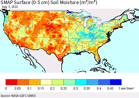 United States SMAP Surface (0-5 cm) Soil Moisture (m³/m³) Thematic Map For 8/1/2022 - 8/5/2022