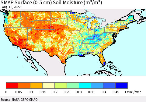 United States SMAP Surface (0-5 cm) Soil Moisture (m³/m³) Thematic Map For 8/6/2022 - 8/10/2022