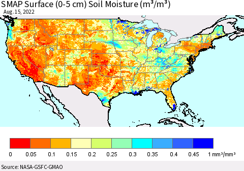 United States SMAP Surface (0-5 cm) Soil Moisture (m³/m³) Thematic Map For 8/11/2022 - 8/15/2022