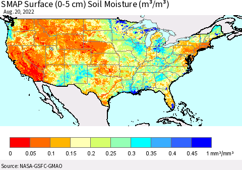 United States SMAP Surface (0-5 cm) Soil Moisture (m³/m³) Thematic Map For 8/16/2022 - 8/20/2022