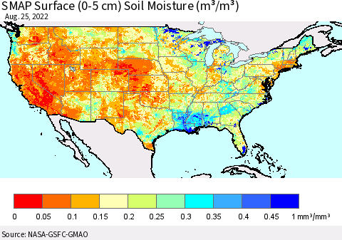 United States SMAP Surface (0-5 cm) Soil Moisture (m³/m³) Thematic Map For 8/21/2022 - 8/25/2022
