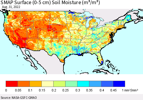 United States SMAP Surface (0-5 cm) Soil Moisture (m³/m³) Thematic Map For 8/26/2022 - 8/31/2022