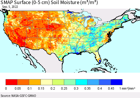 United States SMAP Surface (0-5 cm) Soil Moisture (m³/m³) Thematic Map For 9/1/2022 - 9/5/2022