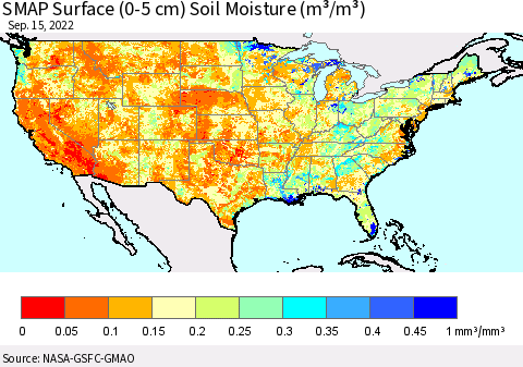 United States SMAP Surface (0-5 cm) Soil Moisture (m³/m³) Thematic Map For 9/11/2022 - 9/15/2022