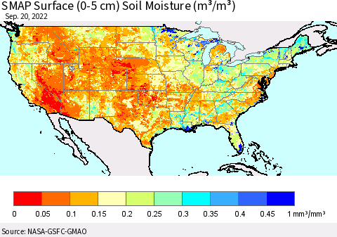 United States SMAP Surface (0-5 cm) Soil Moisture (m³/m³) Thematic Map For 9/16/2022 - 9/20/2022