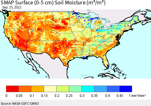 United States SMAP Surface (0-5 cm) Soil Moisture (m³/m³) Thematic Map For 9/21/2022 - 9/25/2022