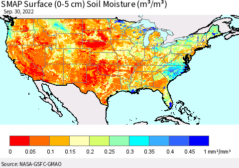 United States SMAP Surface (0-5 cm) Soil Moisture (m³/m³) Thematic Map For 9/26/2022 - 9/30/2022