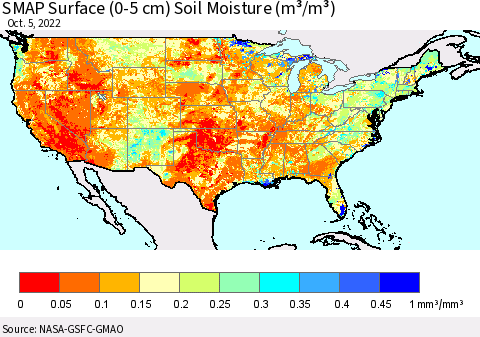 United States SMAP Surface (0-5 cm) Soil Moisture (m³/m³) Thematic Map For 10/1/2022 - 10/5/2022
