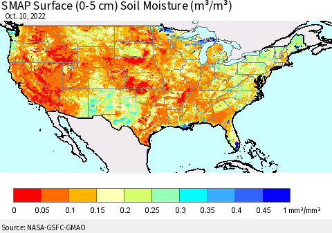 United States SMAP Surface (0-5 cm) Soil Moisture (m³/m³) Thematic Map For 10/6/2022 - 10/10/2022