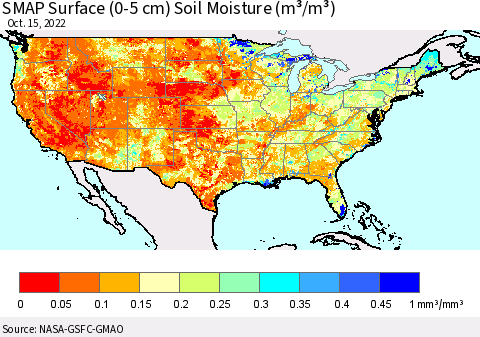 United States SMAP Surface (0-5 cm) Soil Moisture (m³/m³) Thematic Map For 10/11/2022 - 10/15/2022