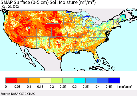 United States SMAP Surface (0-5 cm) Soil Moisture (m³/m³) Thematic Map For 10/16/2022 - 10/20/2022