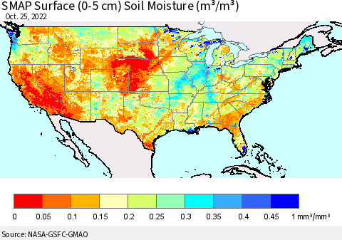 United States SMAP Surface (0-5 cm) Soil Moisture (m³/m³) Thematic Map For 10/21/2022 - 10/25/2022