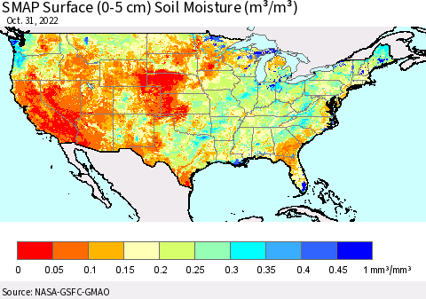 United States SMAP Surface (0-5 cm) Soil Moisture (m³/m³) Thematic Map For 10/26/2022 - 10/31/2022