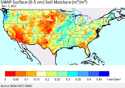 United States SMAP Surface (0-5 cm) Soil Moisture (m³/m³) Thematic Map For 11/1/2022 - 11/5/2022