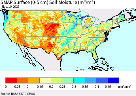 United States SMAP Surface (0-5 cm) Soil Moisture (m³/m³) Thematic Map For 11/6/2022 - 11/10/2022