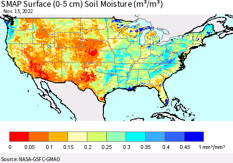 United States SMAP Surface (0-5 cm) Soil Moisture (m³/m³) Thematic Map For 11/11/2022 - 11/15/2022