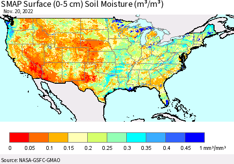 United States SMAP Surface (0-5 cm) Soil Moisture (m³/m³) Thematic Map For 11/16/2022 - 11/20/2022