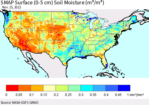 United States SMAP Surface (0-5 cm) Soil Moisture (m³/m³) Thematic Map For 11/21/2022 - 11/25/2022