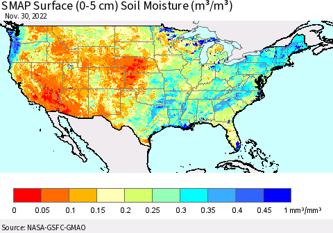 United States SMAP Surface (0-5 cm) Soil Moisture (m³/m³) Thematic Map For 11/26/2022 - 11/30/2022