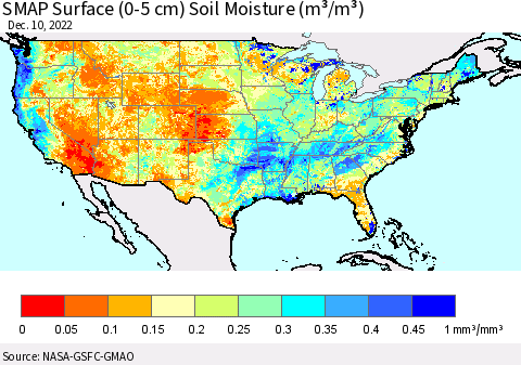 United States SMAP Surface (0-5 cm) Soil Moisture (m³/m³) Thematic Map For 12/6/2022 - 12/10/2022