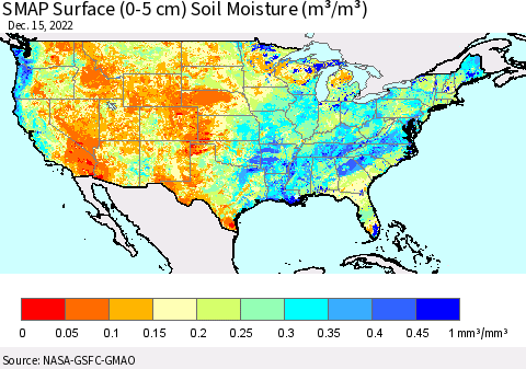 United States SMAP Surface (0-5 cm) Soil Moisture (m³/m³) Thematic Map For 12/11/2022 - 12/15/2022