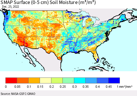 United States SMAP Surface (0-5 cm) Soil Moisture (m³/m³) Thematic Map For 12/21/2022 - 12/25/2022