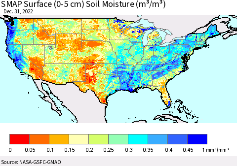 United States SMAP Surface (0-5 cm) Soil Moisture (m³/m³) Thematic Map For 12/26/2022 - 12/31/2022