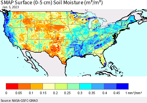 United States SMAP Surface (0-5 cm) Soil Moisture (m³/m³) Thematic Map For 1/1/2023 - 1/5/2023
