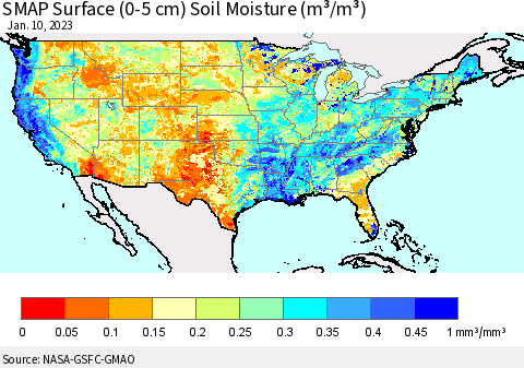 United States SMAP Surface (0-5 cm) Soil Moisture (m³/m³) Thematic Map For 1/6/2023 - 1/10/2023