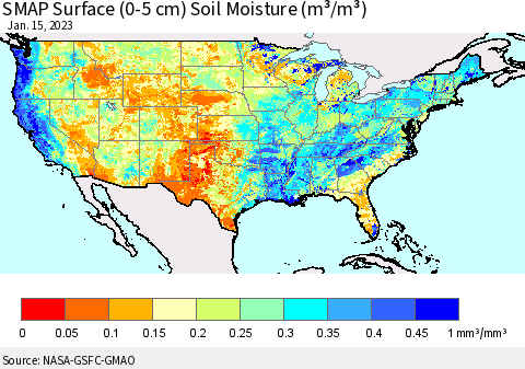 United States SMAP Surface (0-5 cm) Soil Moisture (m³/m³) Thematic Map For 1/11/2023 - 1/15/2023