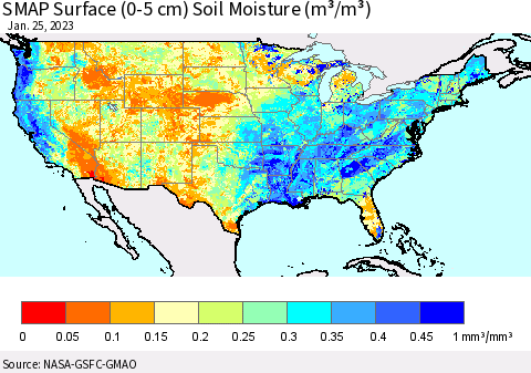 United States SMAP Surface (0-5 cm) Soil Moisture (m³/m³) Thematic Map For 1/21/2023 - 1/25/2023