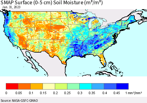 United States SMAP Surface (0-5 cm) Soil Moisture (m³/m³) Thematic Map For 1/26/2023 - 1/31/2023